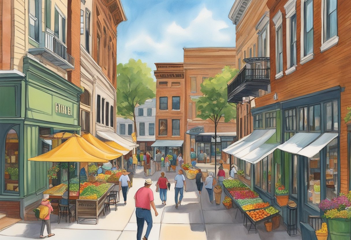 Visitors stroll past historic buildings and colorful storefronts in downtown Wooster, OH. Outdoor cafes and art galleries line the bustling streets, while a farmer's market offers fresh produce and local goods