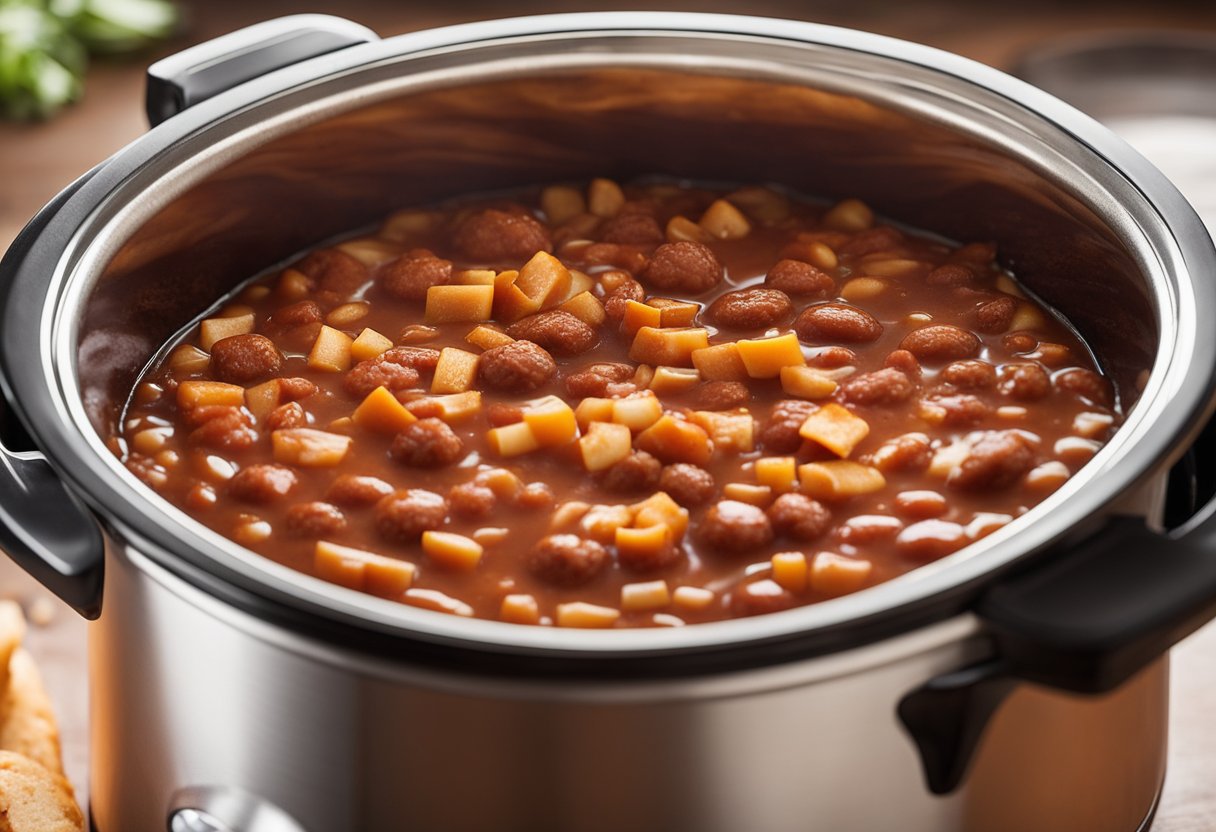 A bubbling crockpot filled with simmering hot dog chili, with chunks of meat, beans, and rich tomato sauce. A spoon rests on the edge