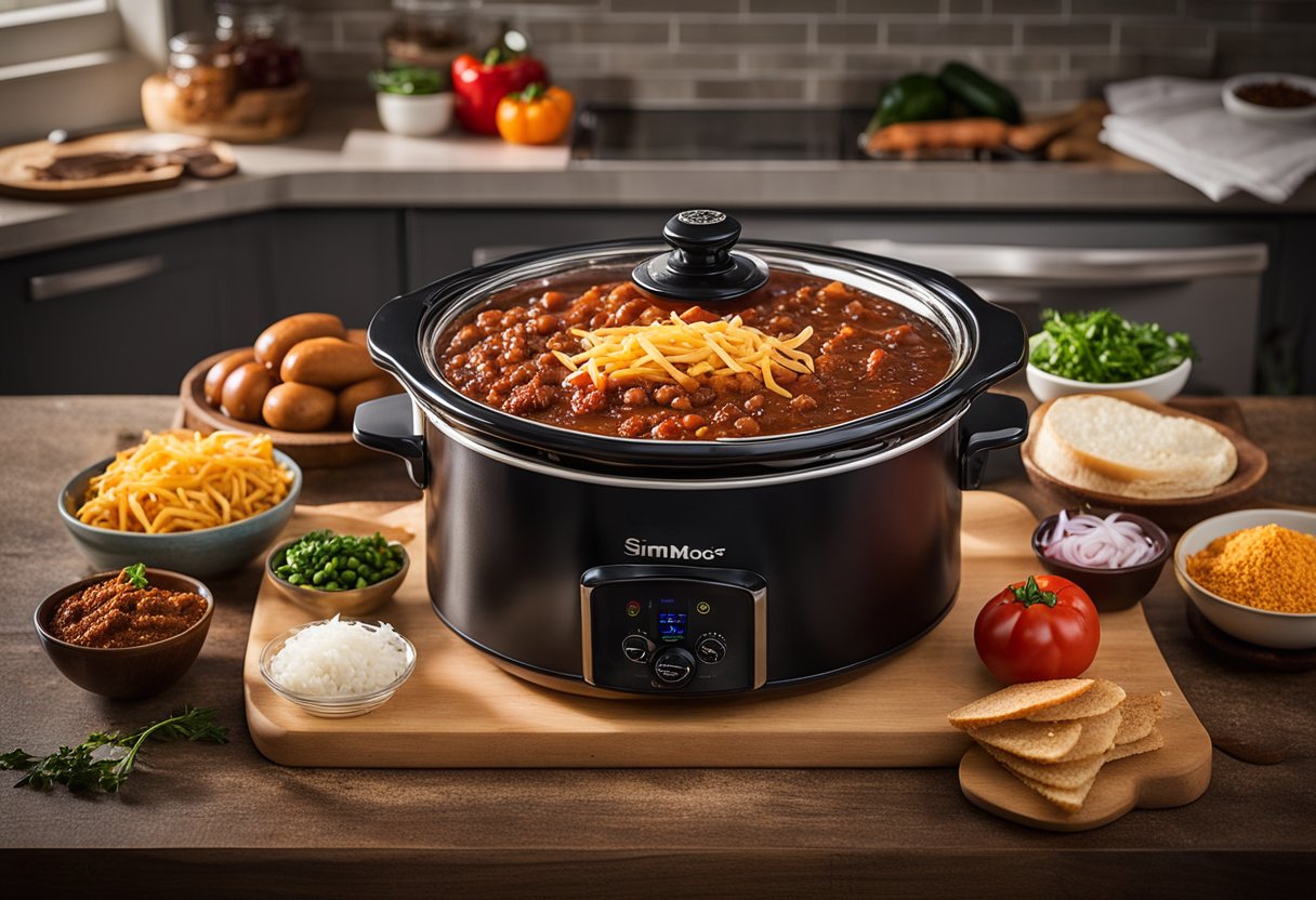 A crockpot simmering with hot dog chili, filled with ground beef, diced tomatoes, beans, and spices. On the counter, there are onions, garlic, and chili powder
