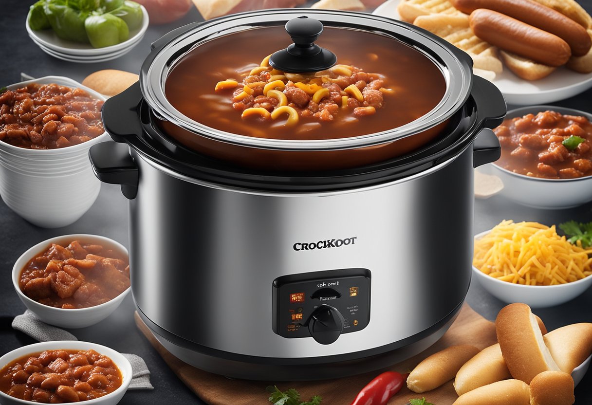 A crockpot filled with simmering hot dog chili, with steam rising and the aroma of spices filling the air