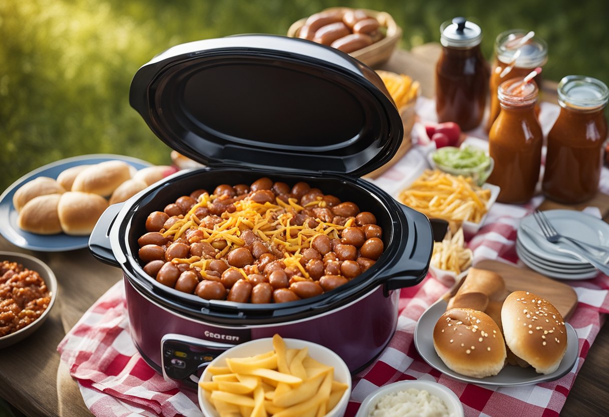 A crockpot filled with hot dog chili surrounded by buns, condiments, and toppings on a picnic table