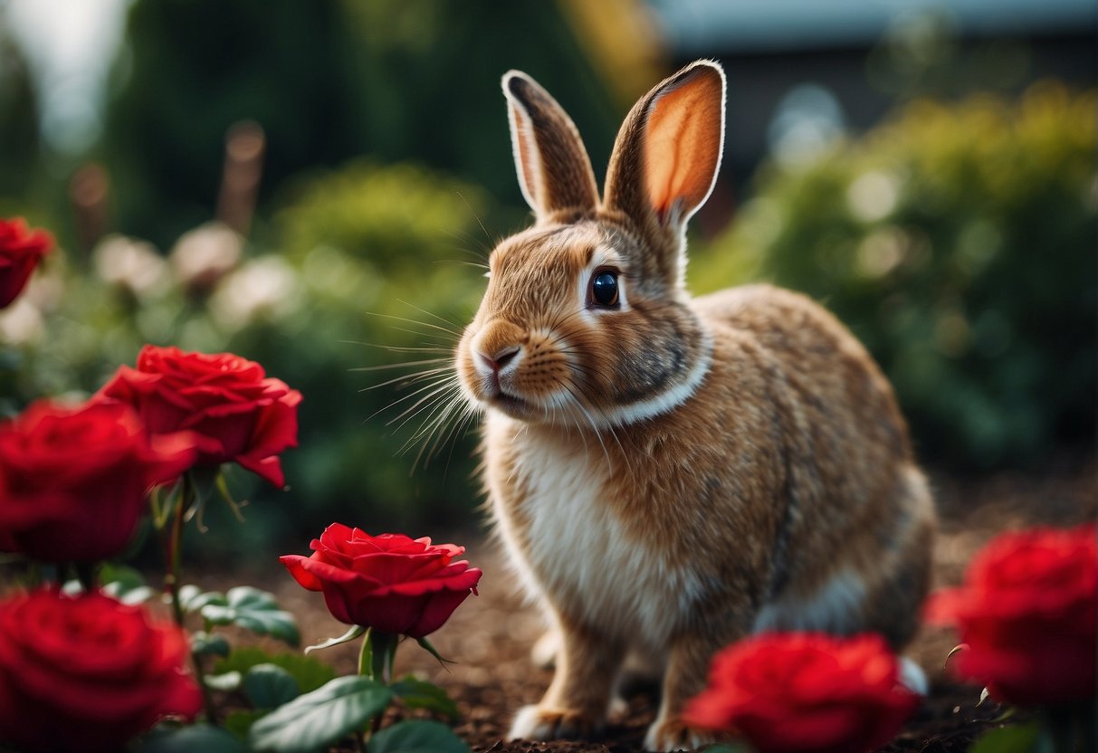 A mischievous rabbit nibbles on vibrant red roses in a well-tended garden