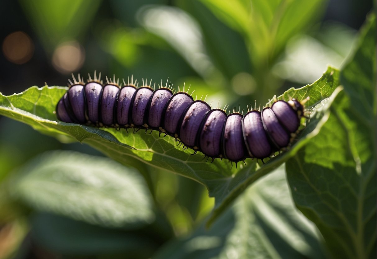 A caterpillar munches on eggplant leaves, leaving behind holes and damage