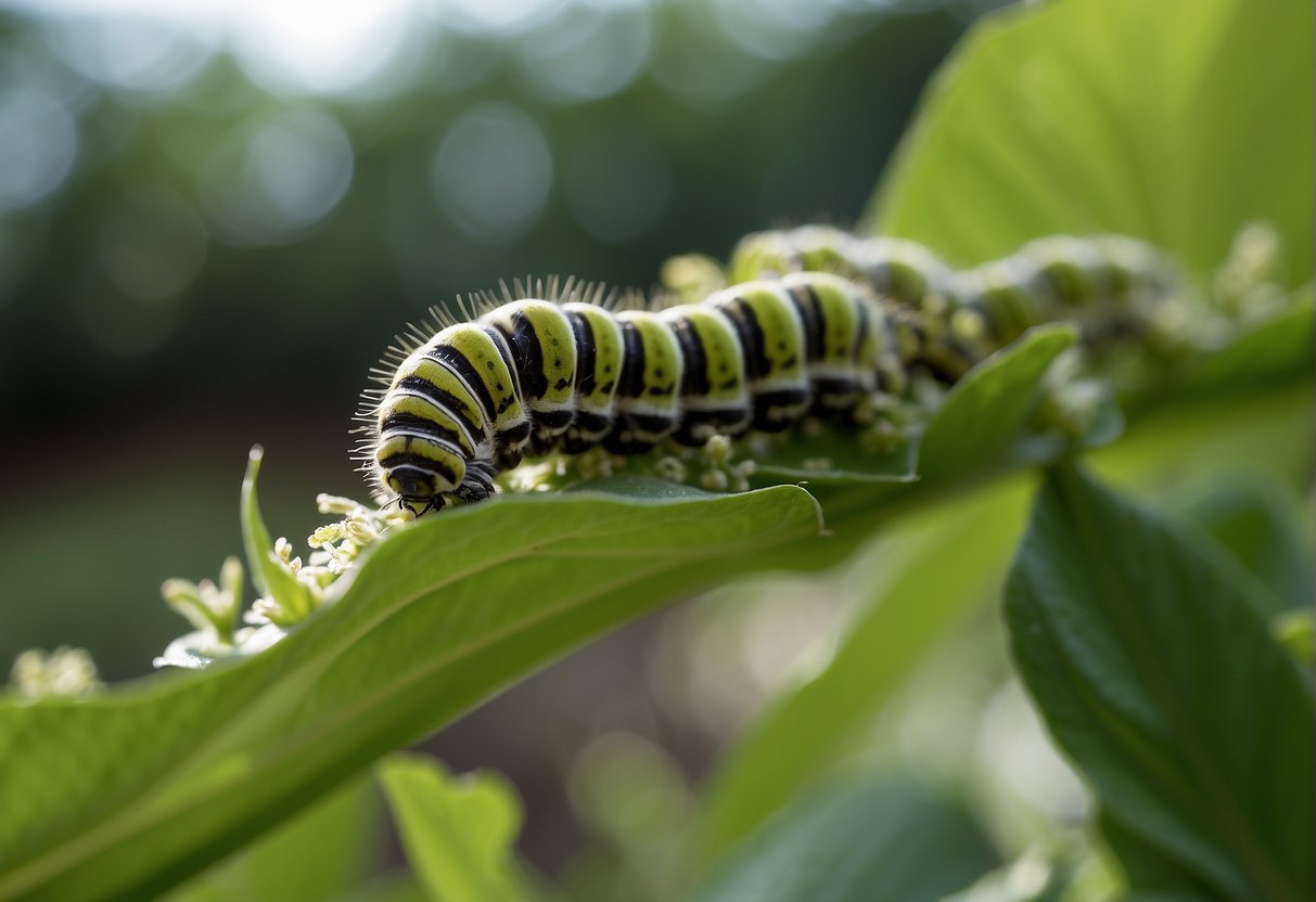 A caterpillar munches on green plant leaves