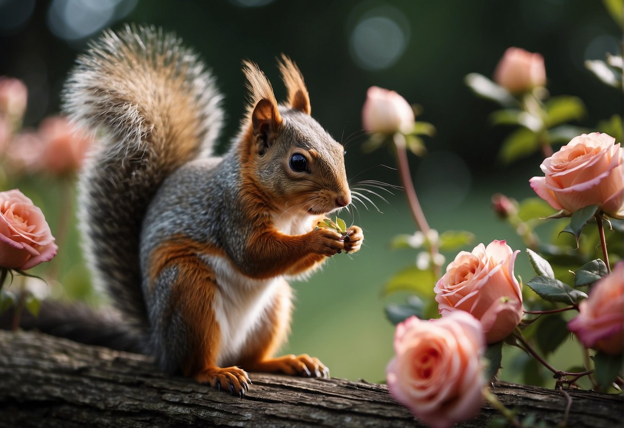 A mischievous squirrel nibbles on my rose bush, scattering petals