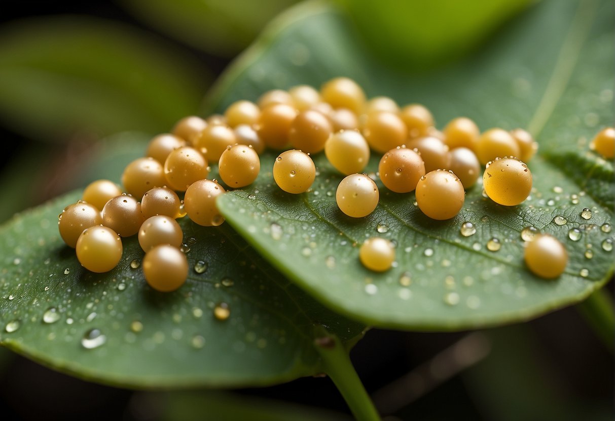 Aphid eggs cluster on the underside of a leaf, resembling tiny, oval-shaped pearls in various shades of yellow or green