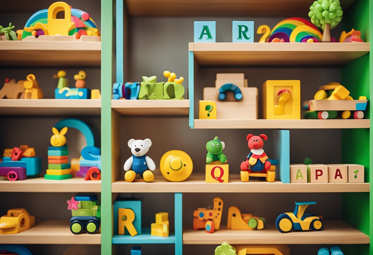 Colorful, eco-friendly toys displayed on shelves with a "Frequently Asked Questions" sign. Bright, happy atmosphere