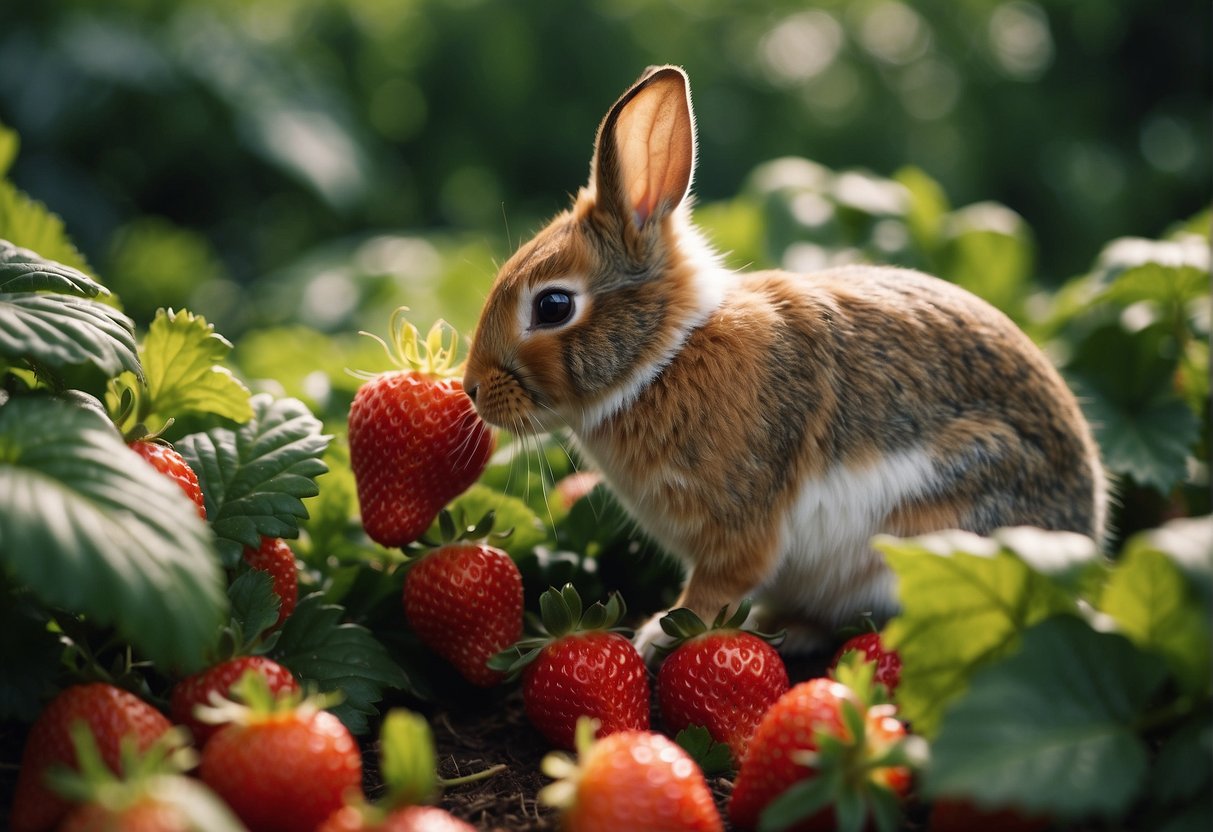 A rabbit nibbles on ripe strawberries in a lush garden