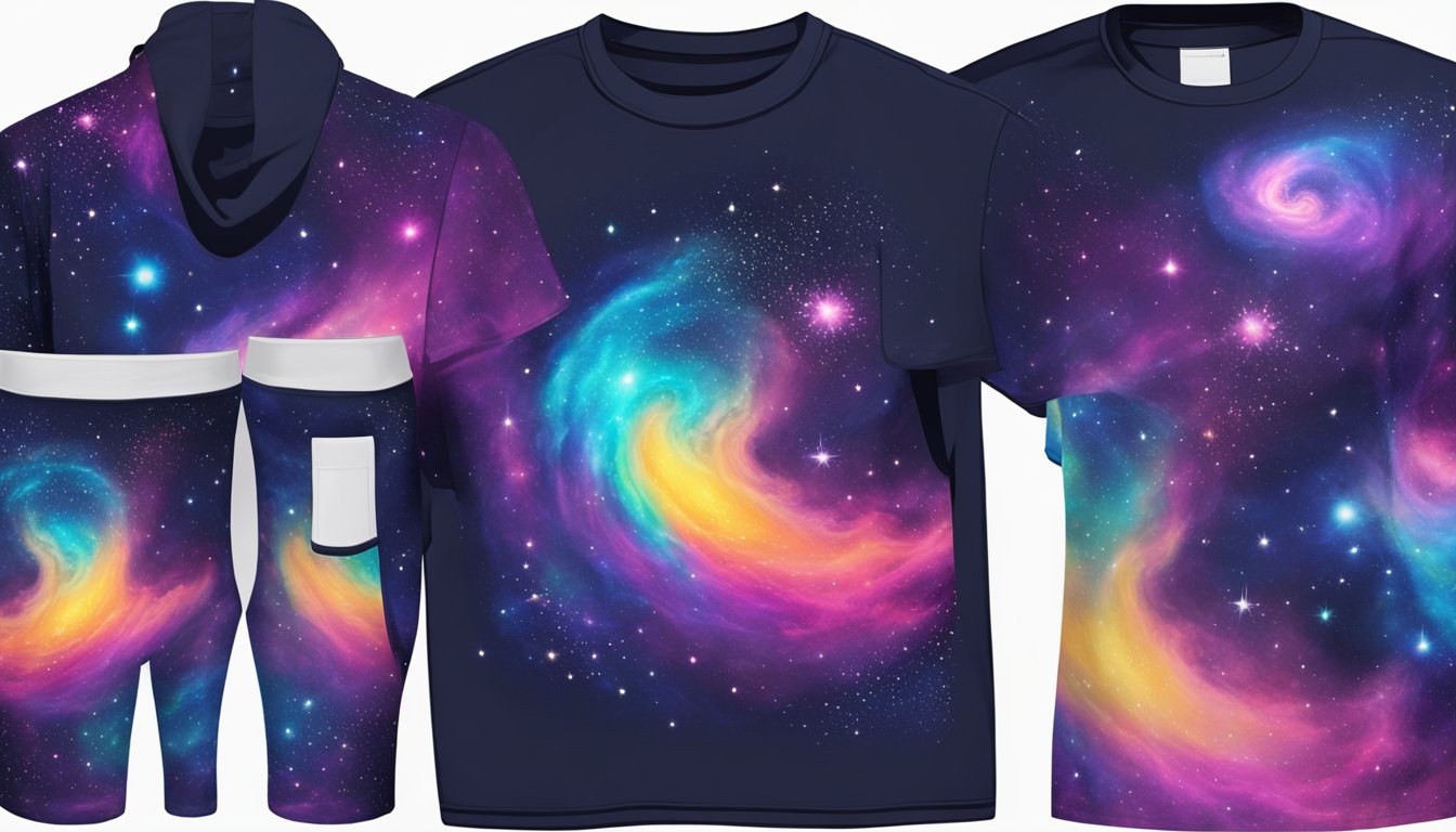 A colorful galaxy clothing display with vibrant patterns and cosmic designs on t-shirts, hoodies, and leggings. Bright stars and swirling galaxies adorn the fabric, creating an otherworldly fashion statement