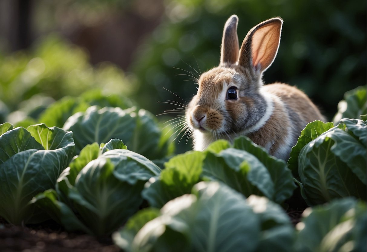 A mischievous rabbit nibbling on a fresh cabbage in a garden