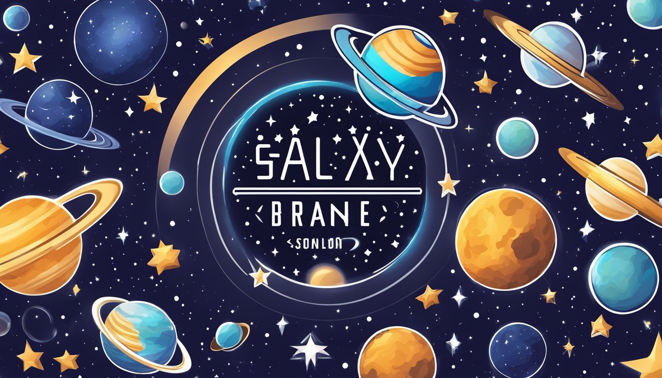 A galaxy clothing brand logo floating in space surrounded by stars and planets