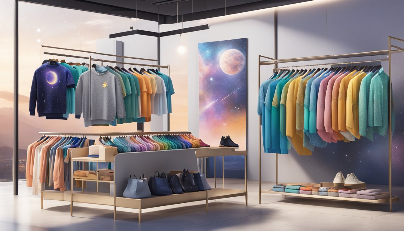 A colorful array of celestial-themed garments hangs in a sleek, modern retail space, showcasing the latest designs from the Galaxy Clothing brand