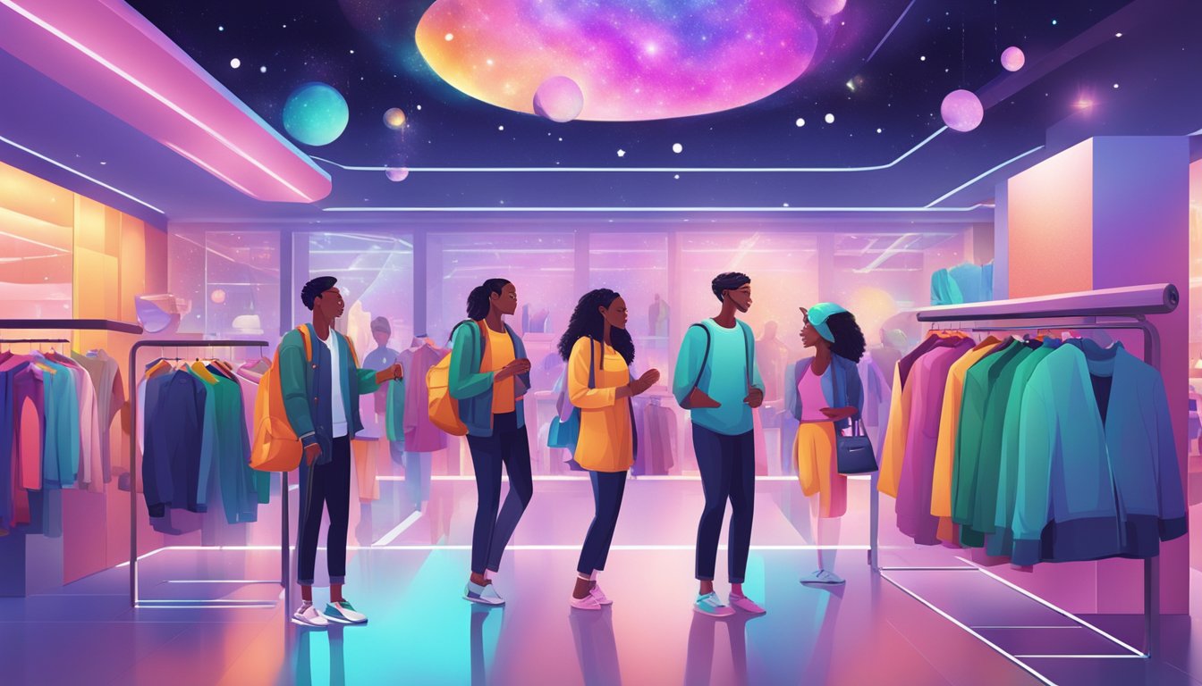 A diverse group of customers interact with vibrant, space-themed clothing at a trendy store. Sparkling lights and futuristic displays enhance the engaging atmosphere
