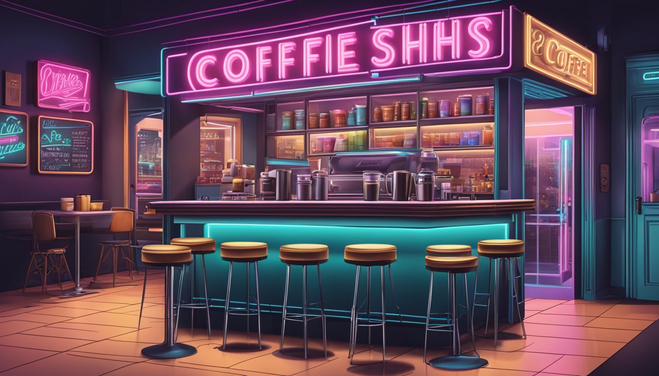 A retro coffee shop with 80s branding, neon signs, and vintage packaging on display