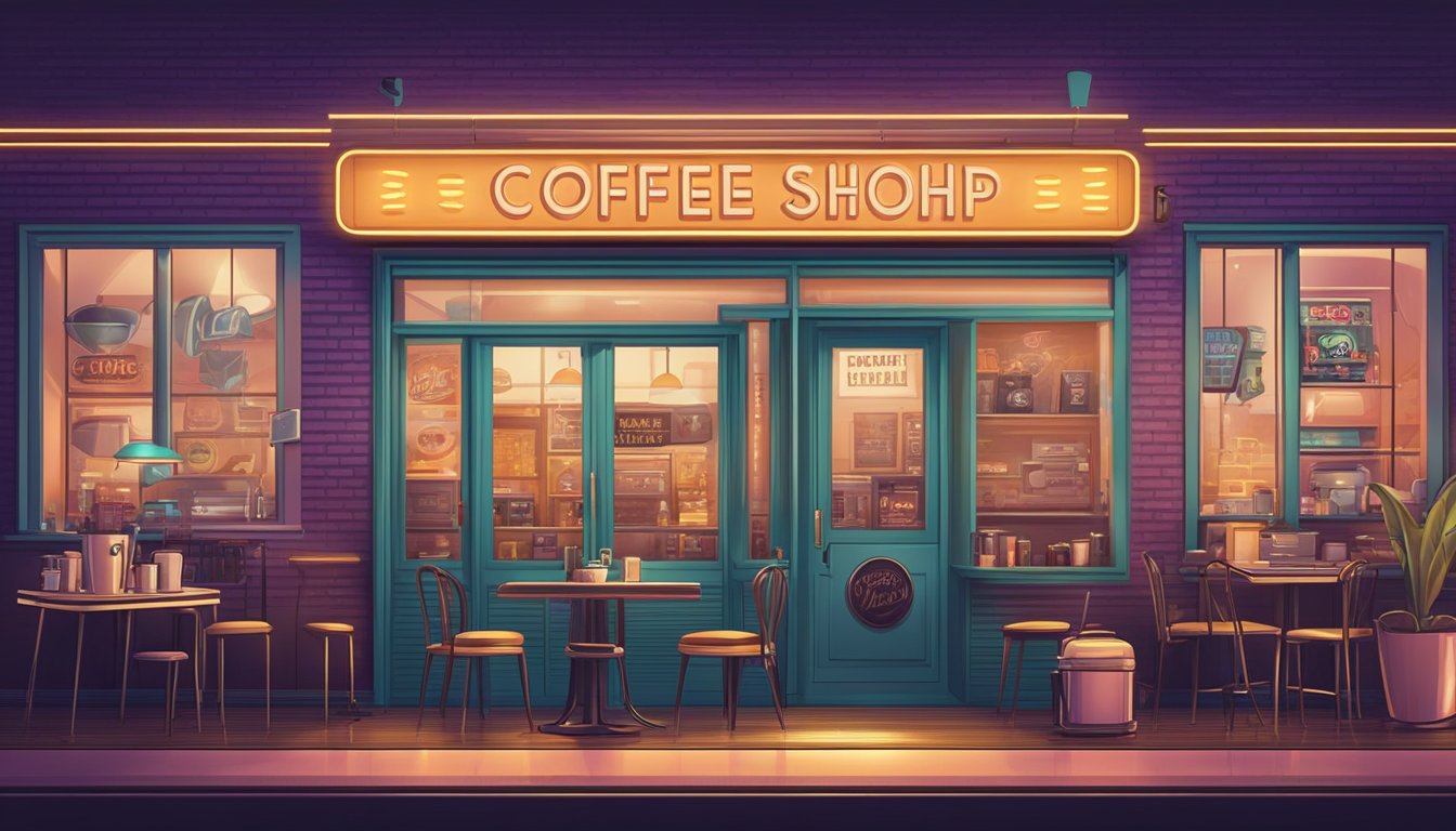 A retro coffee shop with neon signs, vinyl records, and vintage coffee packaging on display
