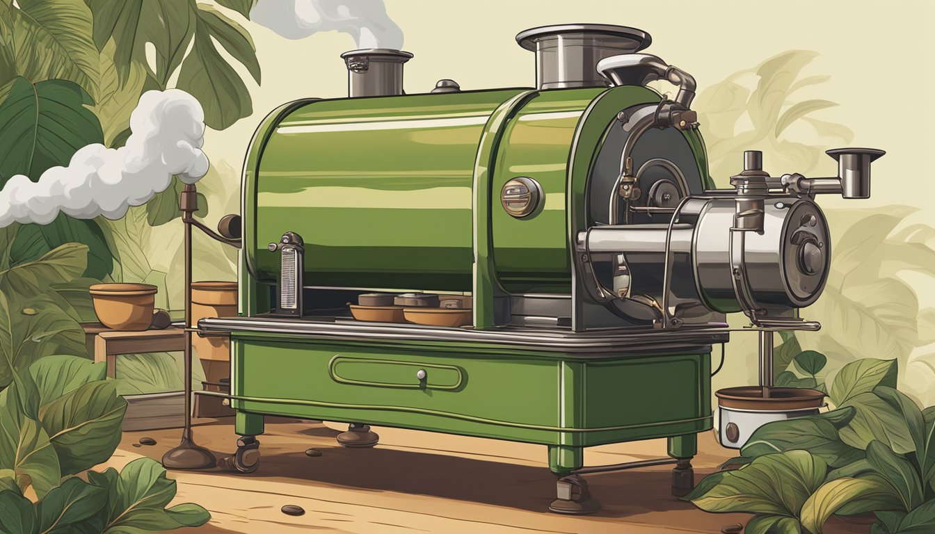 A vintage coffee roasting machine emits aromatic smoke as beans turn from green to brown, capturing the evolution of 80s coffee brands
