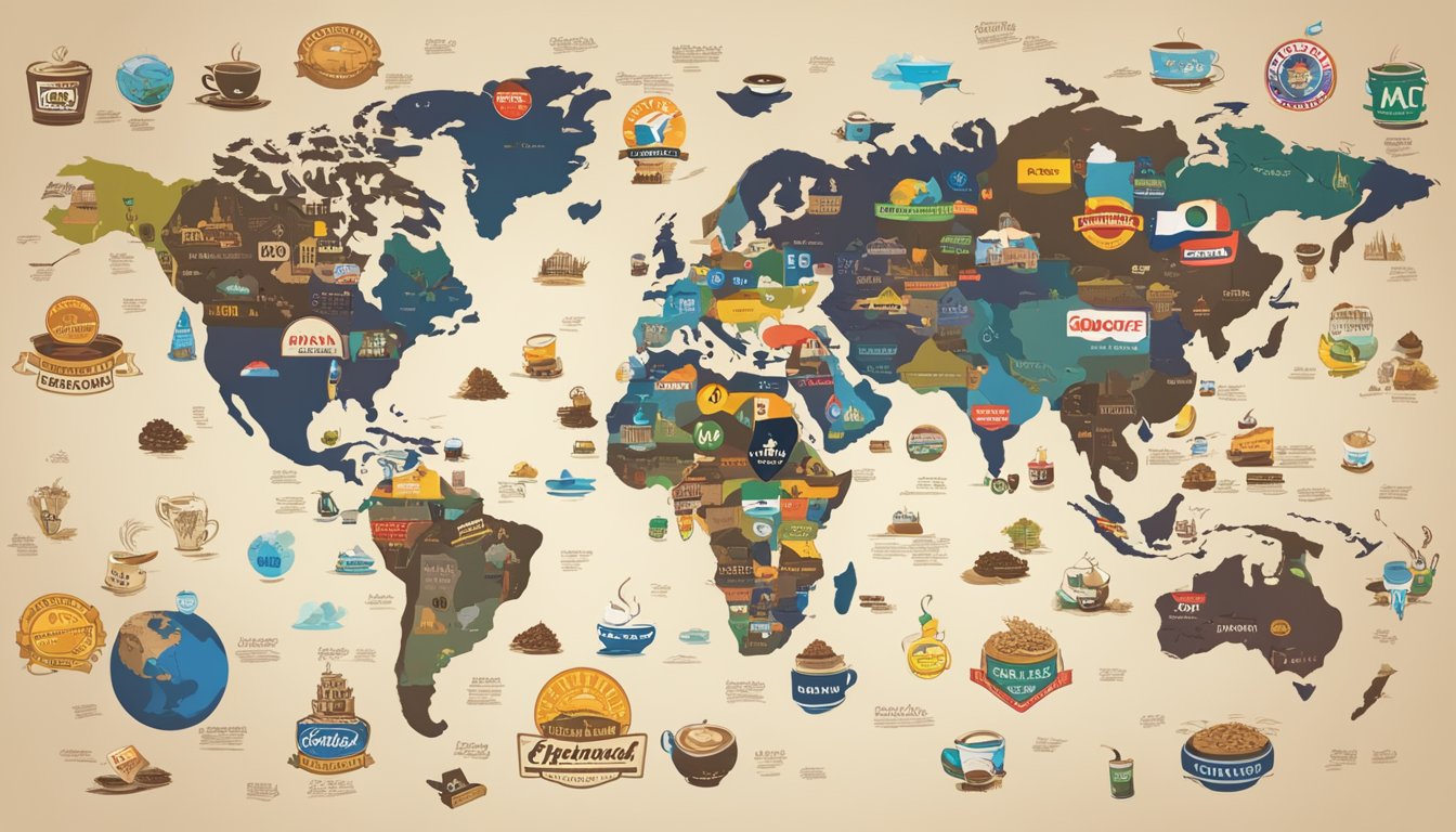 A map of the world with 80s coffee brand logos spreading across continents