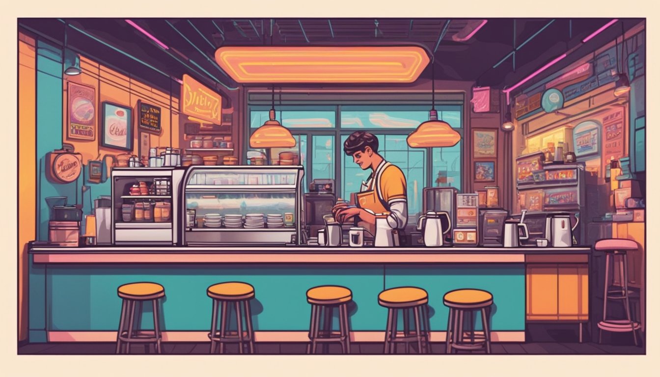 A cozy 80s coffee shop with neon signs, vinyl records, and vintage posters. A barista in a retro uniform serves steaming cups of coffee to customers enjoying the nostalgic atmosphere