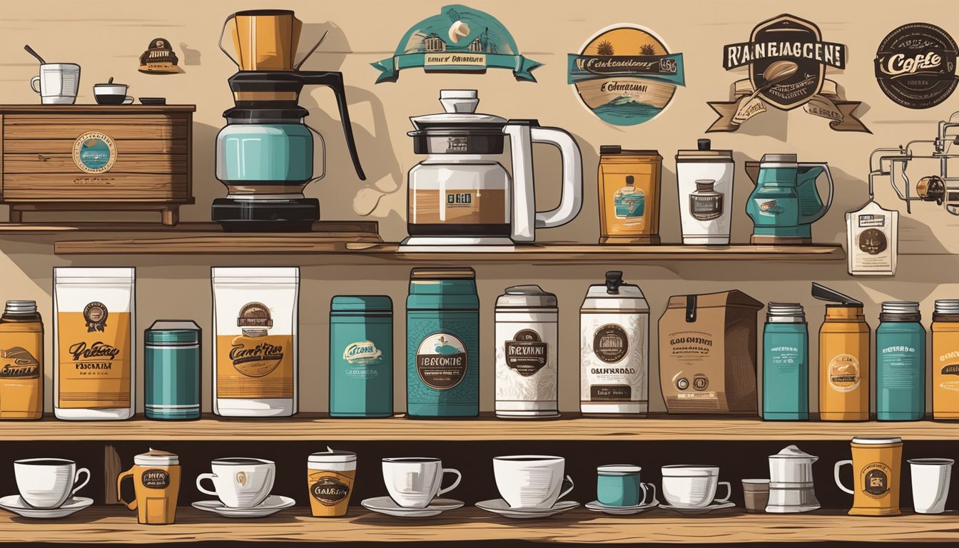 Various coffee varieties and brewing equipment from the 80s are displayed on a rustic wooden table, surrounded by vintage coffee brand logos and packaging
