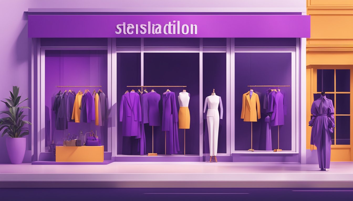 A vibrant purple storefront with bold signage, sleek mannequins, and stylish clothing displays