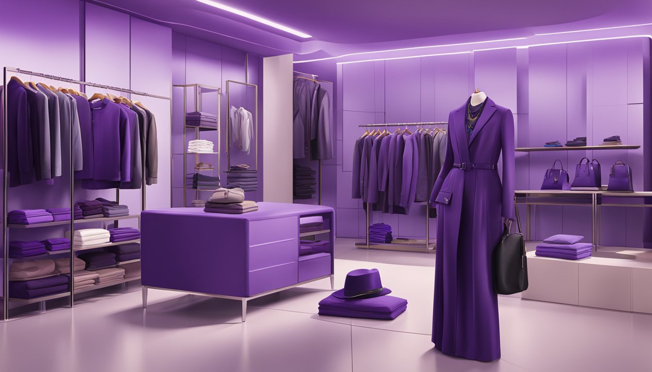 A vibrant display of Purple Brand clothing, showcasing a variety of purple garments and accessories in a stylish and modern setting