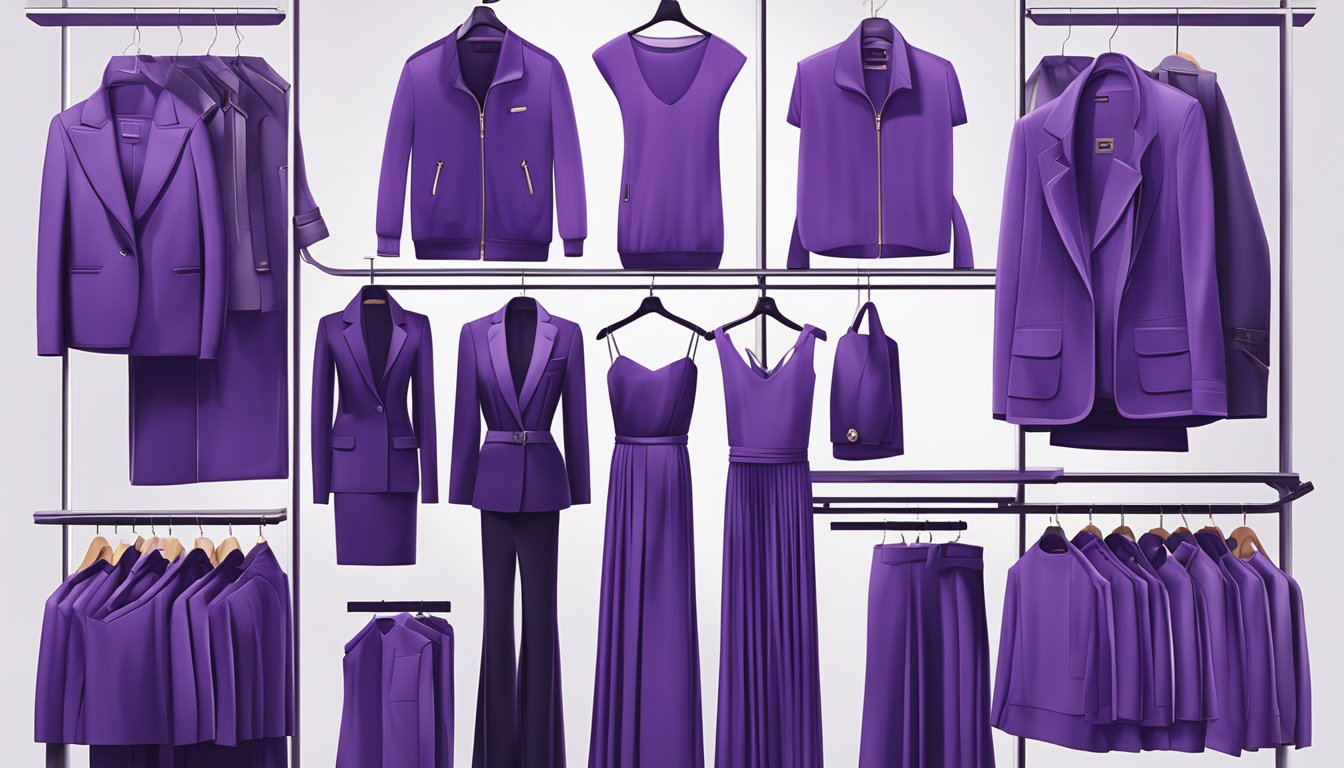 A vibrant display of Iconic Collections purple clothing brand, featuring sleek and stylish garments arranged in an eye-catching fashion