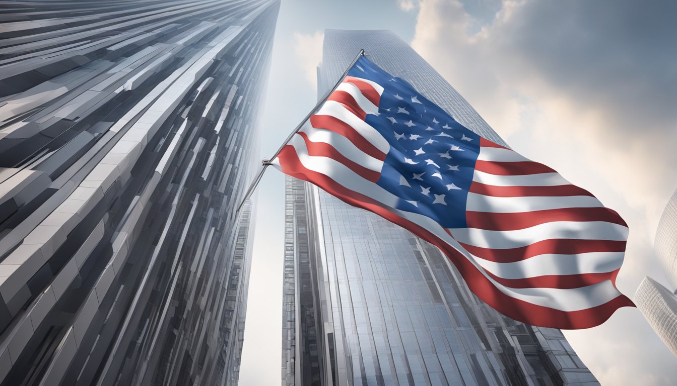 A massive American flag unfurls behind a towering, modern skyscraper adorned with the iconic American Giant logo
