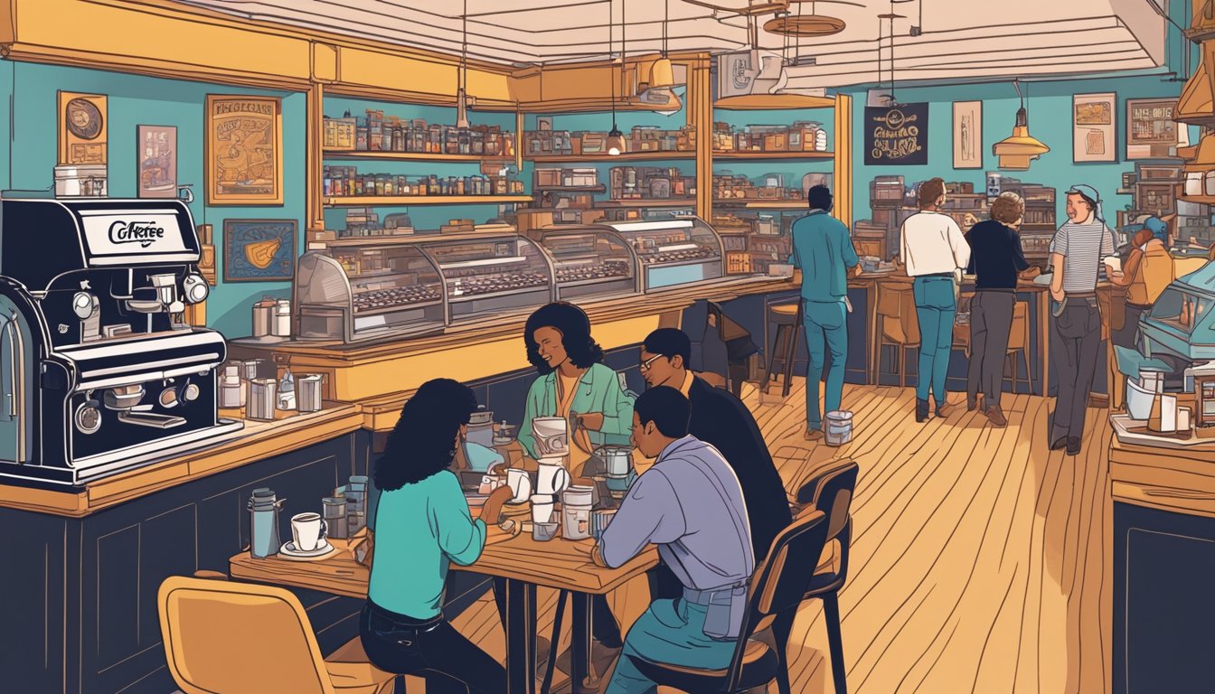 A bustling 1980s coffee shop with neon signs, vinyl records, and vintage espresso machines. Customers chat while sipping on cappuccinos and browsing through shelves of branded coffee merchandise