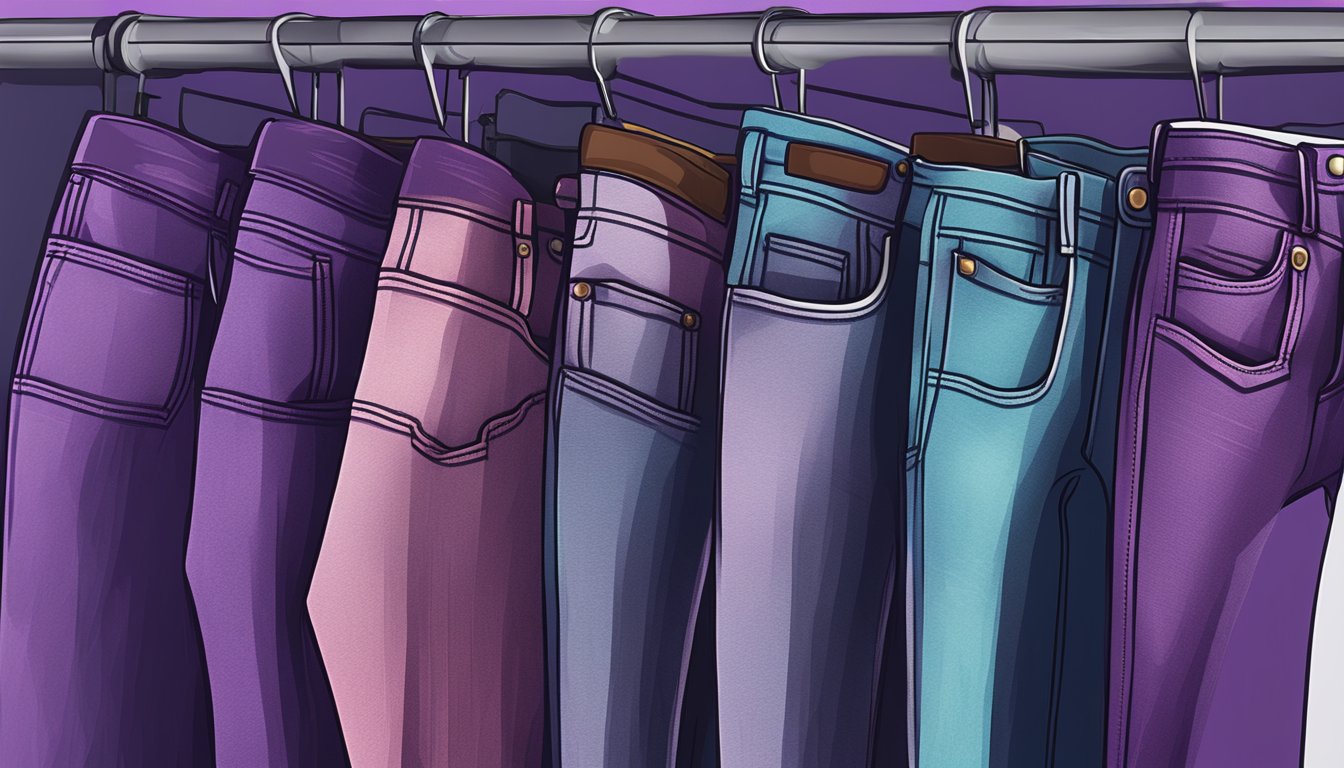 A stack of vibrant purple denim jeans and jackets by Denim Selections