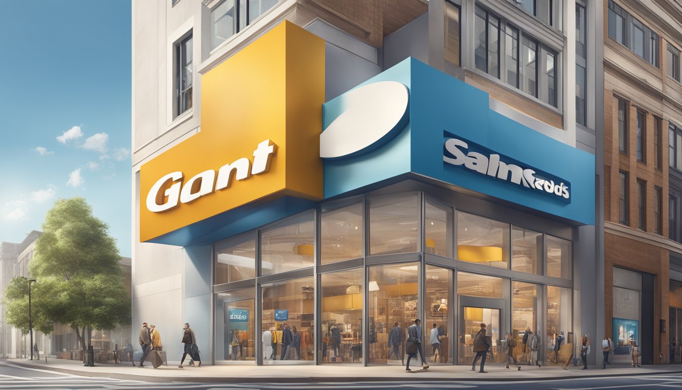 The iconic Products giant clothing brand's logo stands boldly against a backdrop of sleek, modern storefront windows