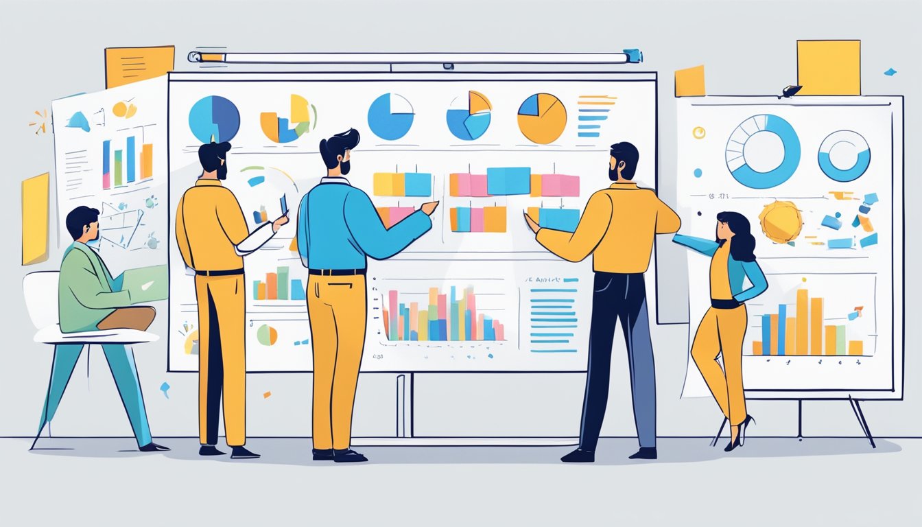 A team of professionals gathered around a whiteboard, discussing and analyzing the results of a 3-hour brand sprint. Charts, graphs, and post-it notes cover the walls, highlighting key insights and strategies
