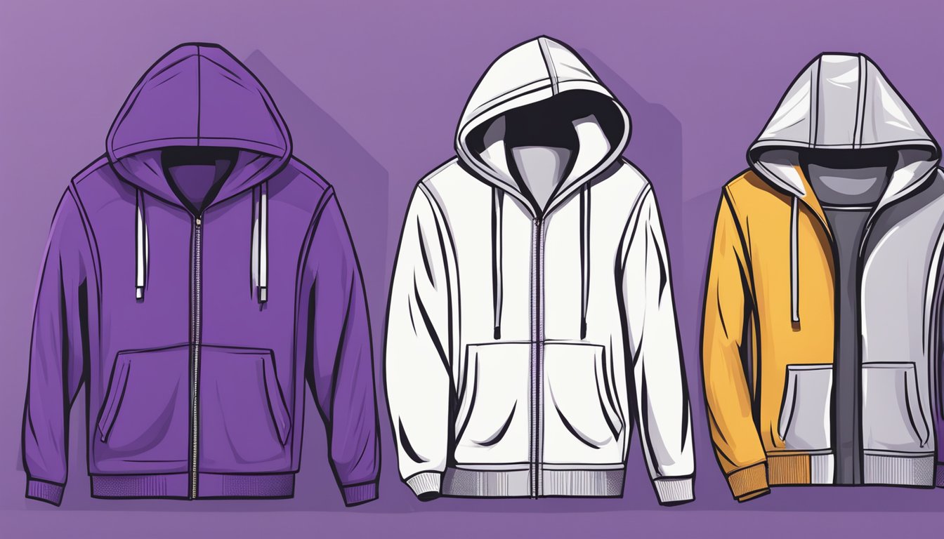 A row of purple hoodies and outerwear on display