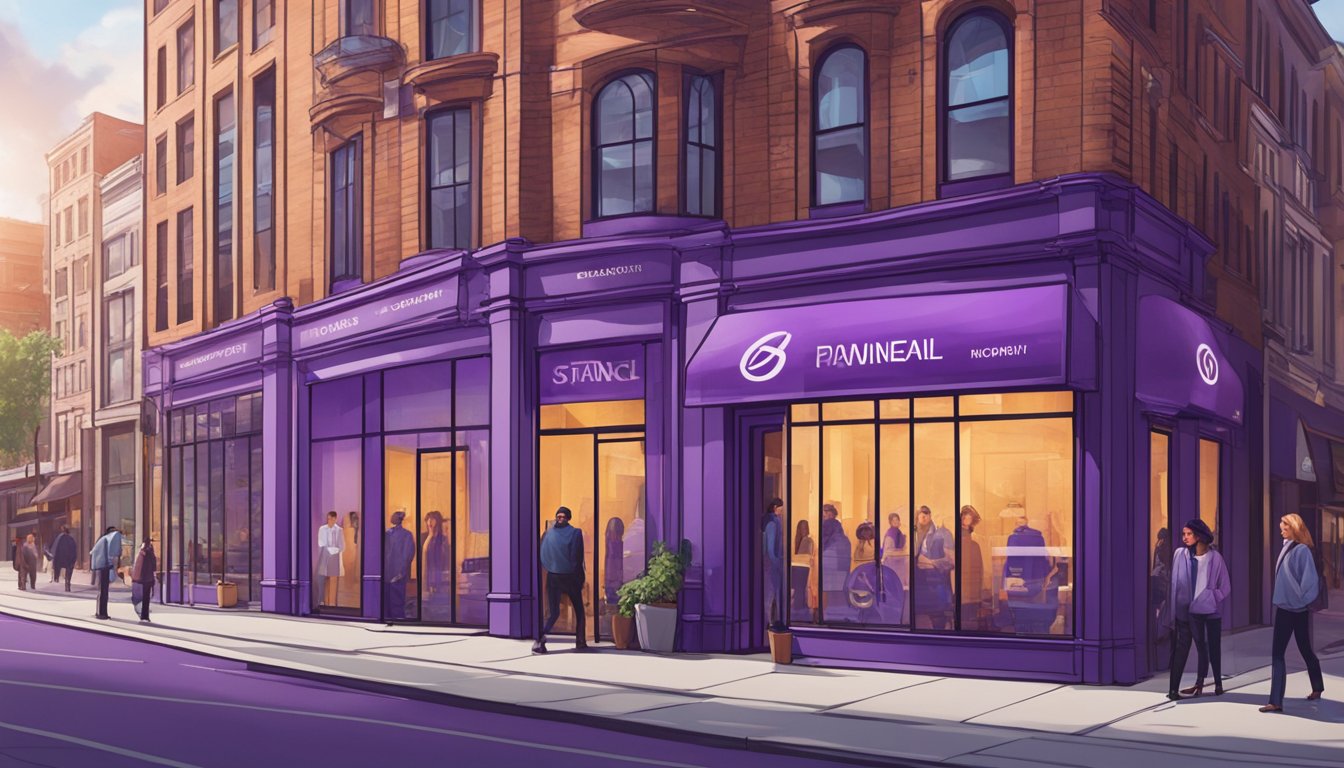 A vibrant purple clothing brand logo prominently displayed on a storefront window, with a bustling city street in the background
