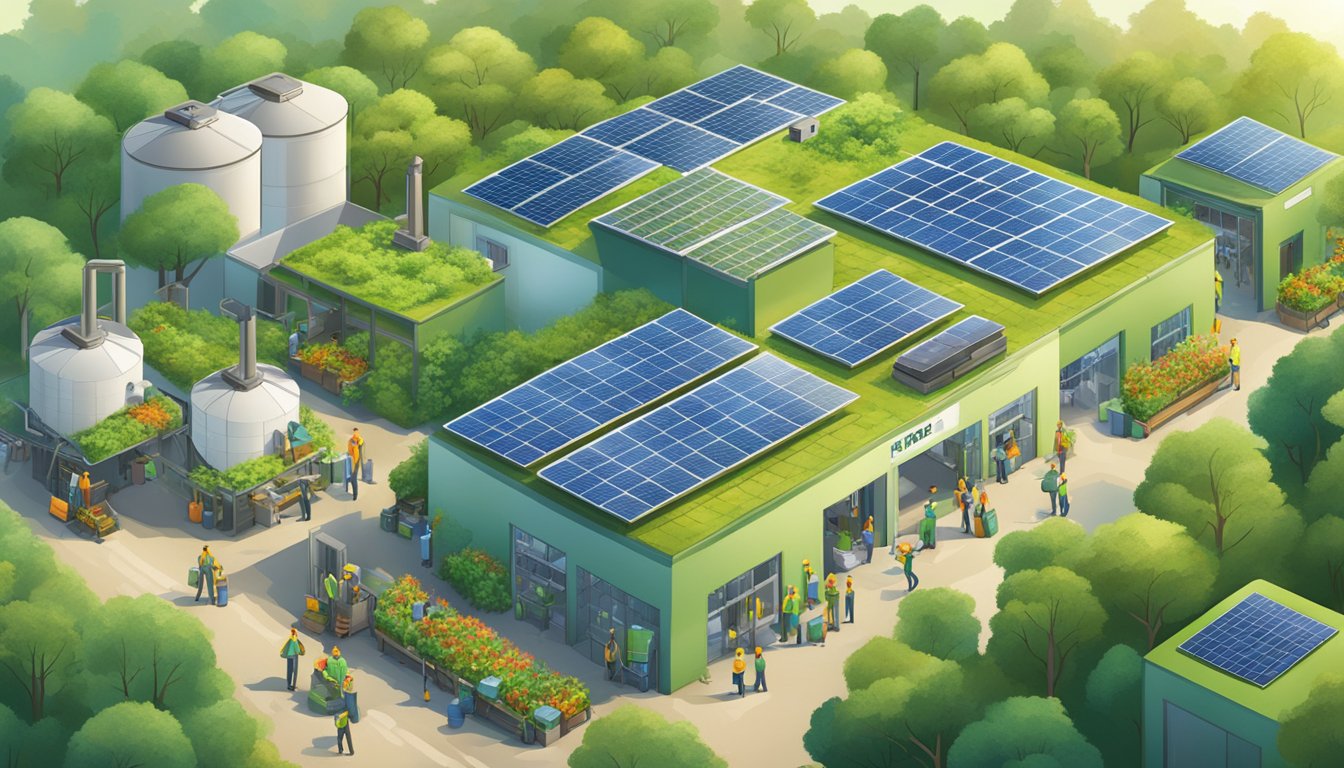 A bustling factory with solar panels, recycling bins, and workers in fair trade uniforms, surrounded by lush greenery