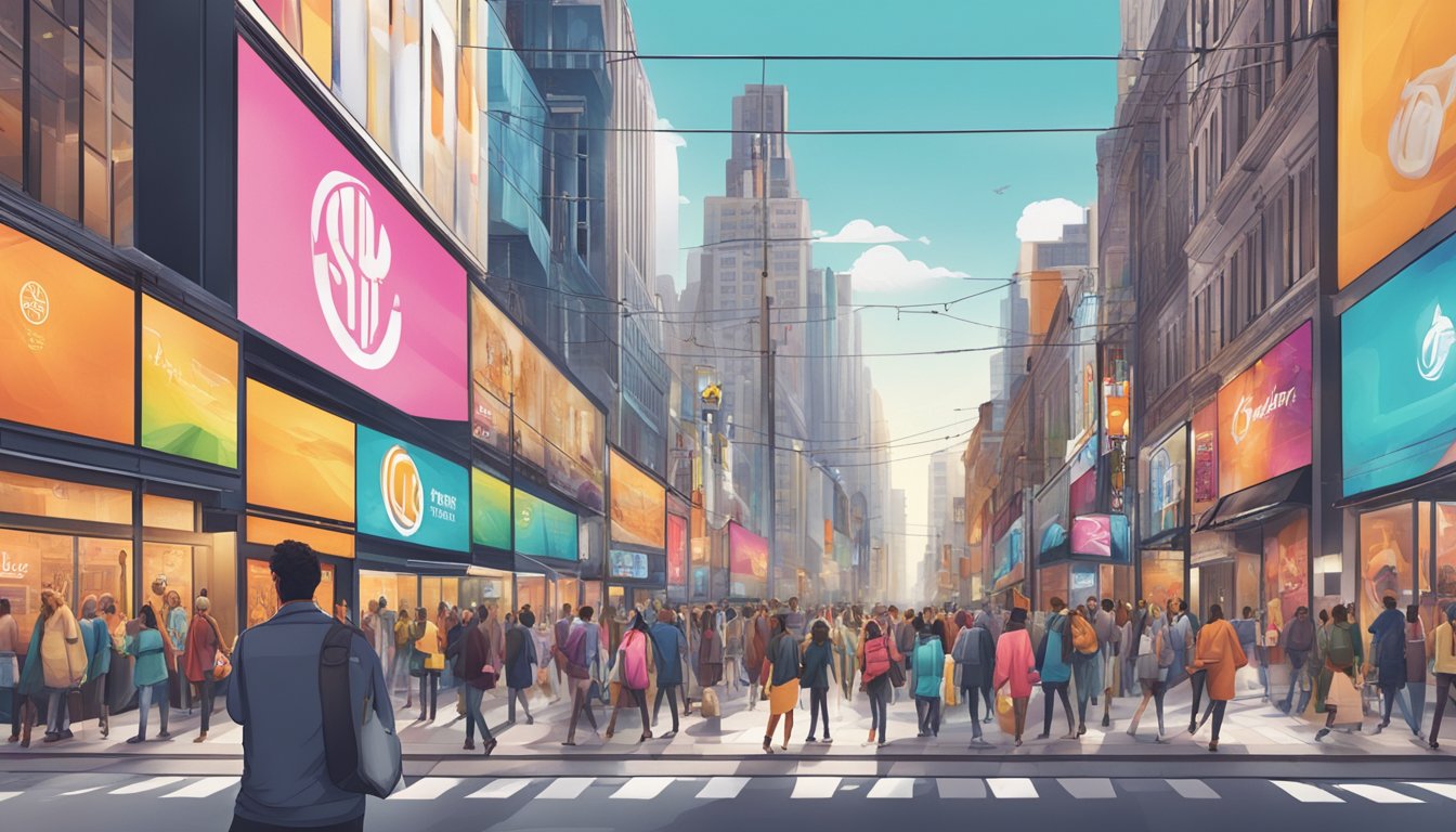 A bustling city street with a massive billboard featuring the logo of a popular clothing brand, surrounded by sleek storefronts and vibrant branding displays