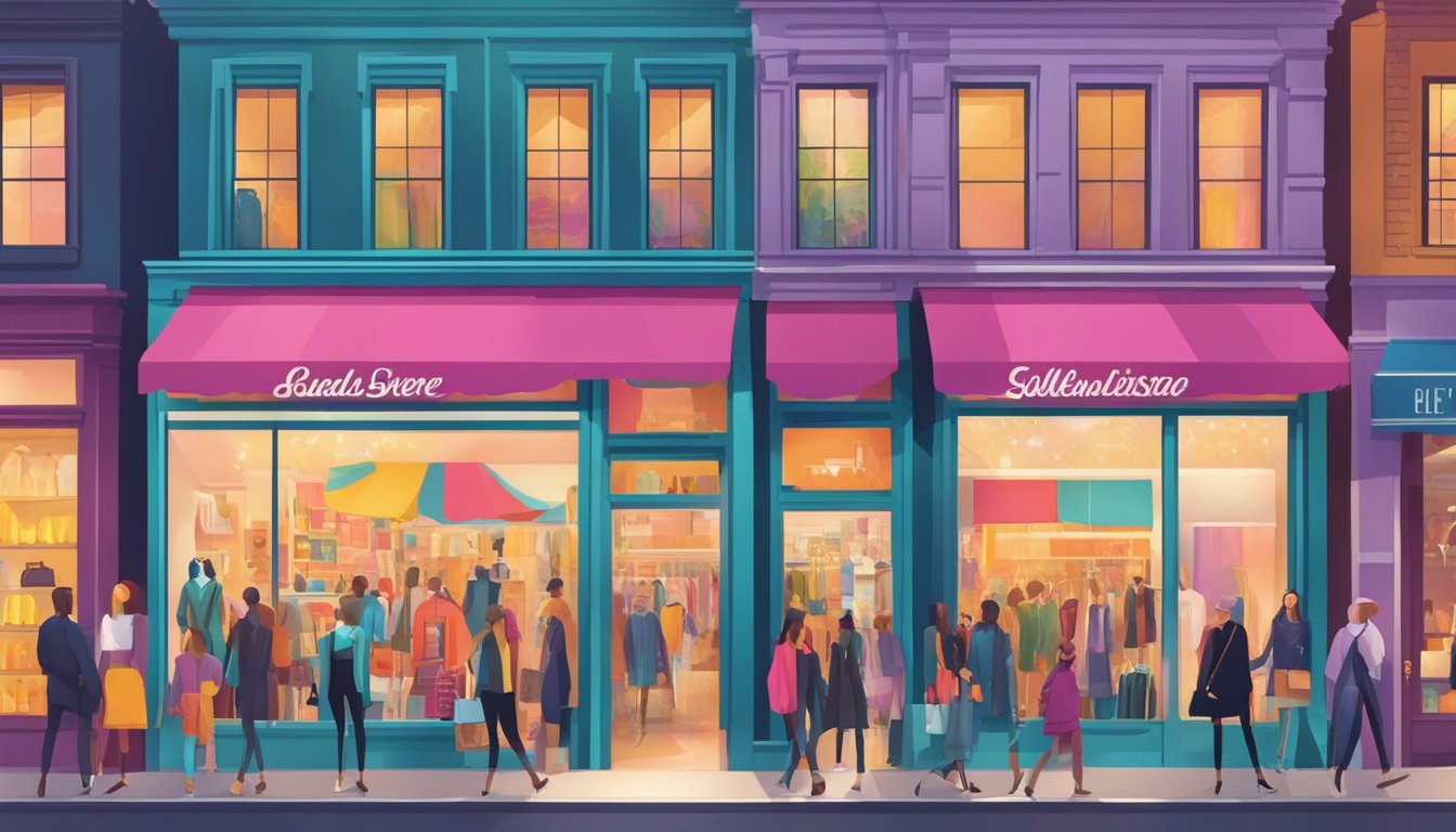 A vibrant storefront with bold signage and bustling crowds outside. The store exudes a trendy and modern vibe, with colorful displays and stylish mannequins showcasing the latest fashion trends