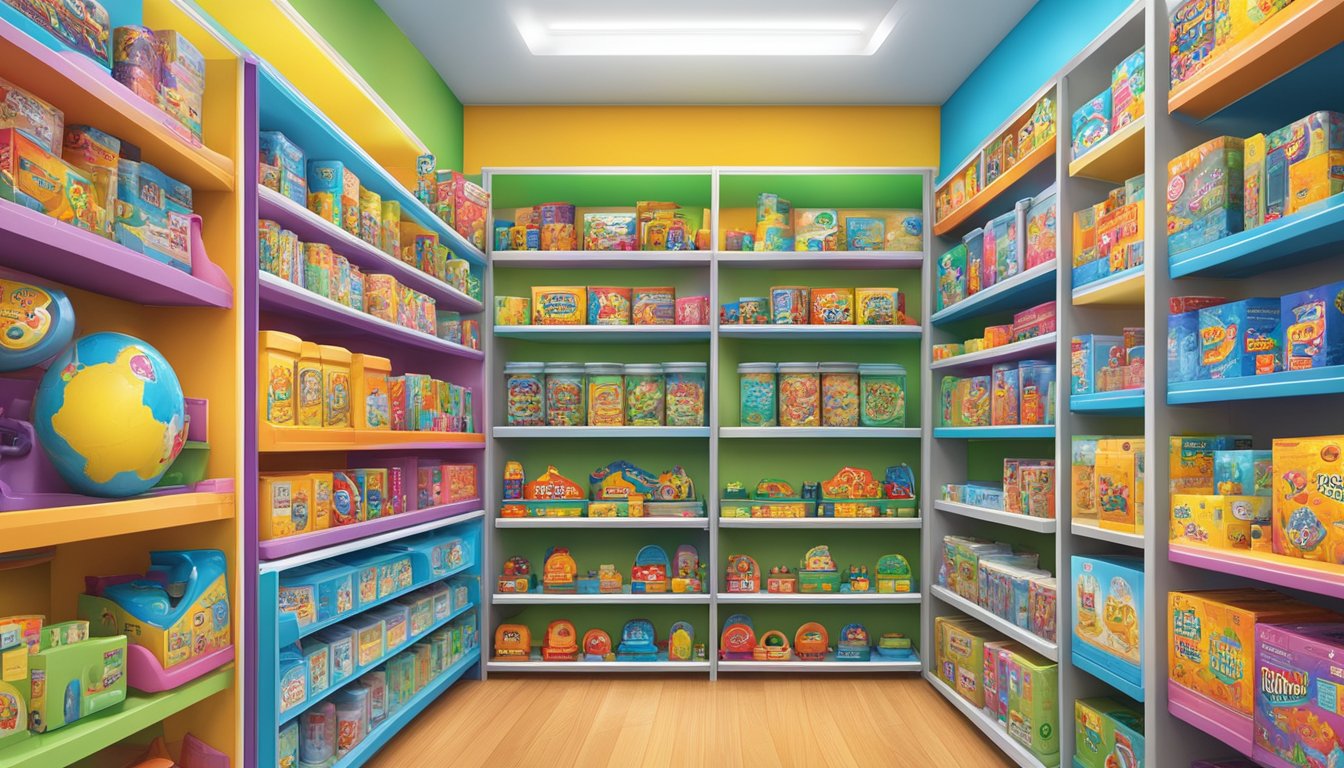 A display of quality toy brands, arranged neatly on shelves with vibrant packaging and engaging designs