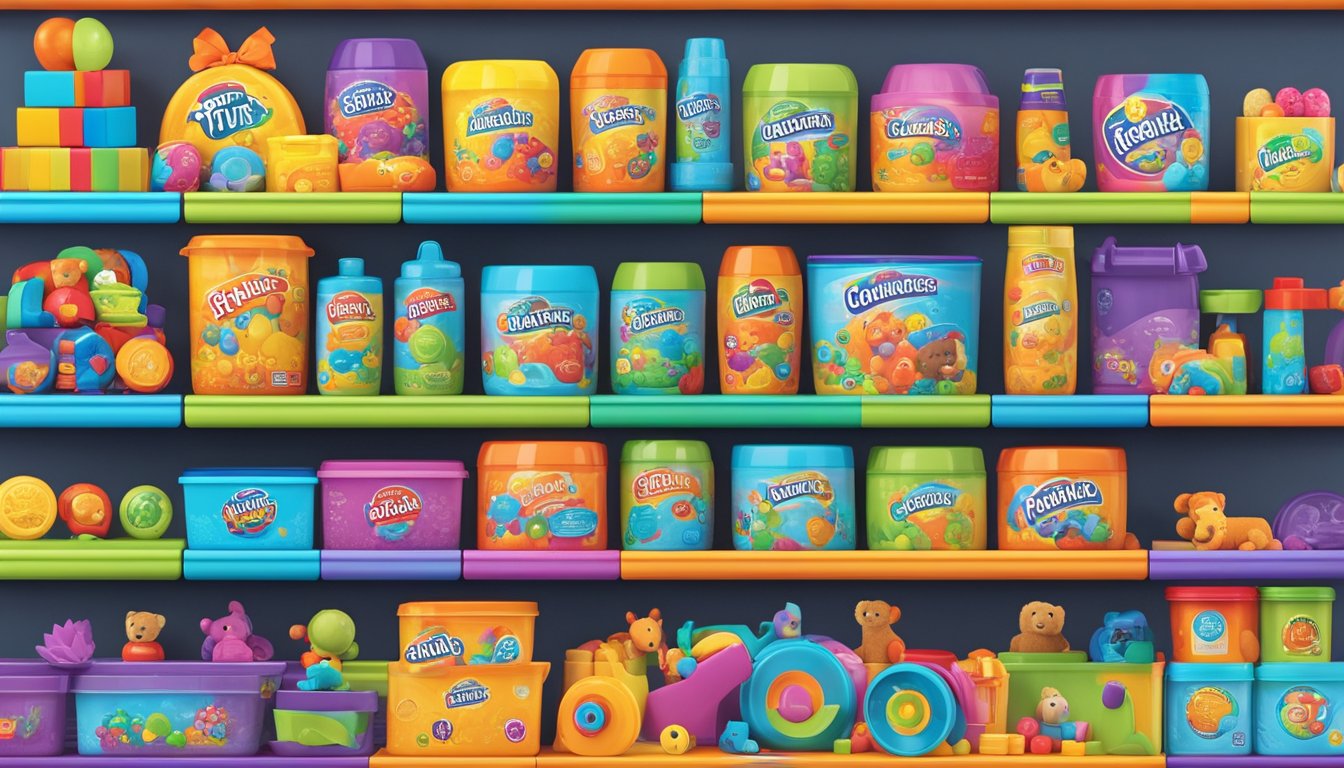Top Quality Toy Brands logo displayed on a bright, clean store shelf. Various toys neatly organized, with vibrant packaging and clear brand names