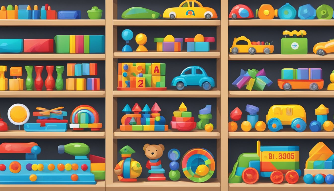 Colorful educational toys arranged on shelves, with "Quality Toy Brands" signage
