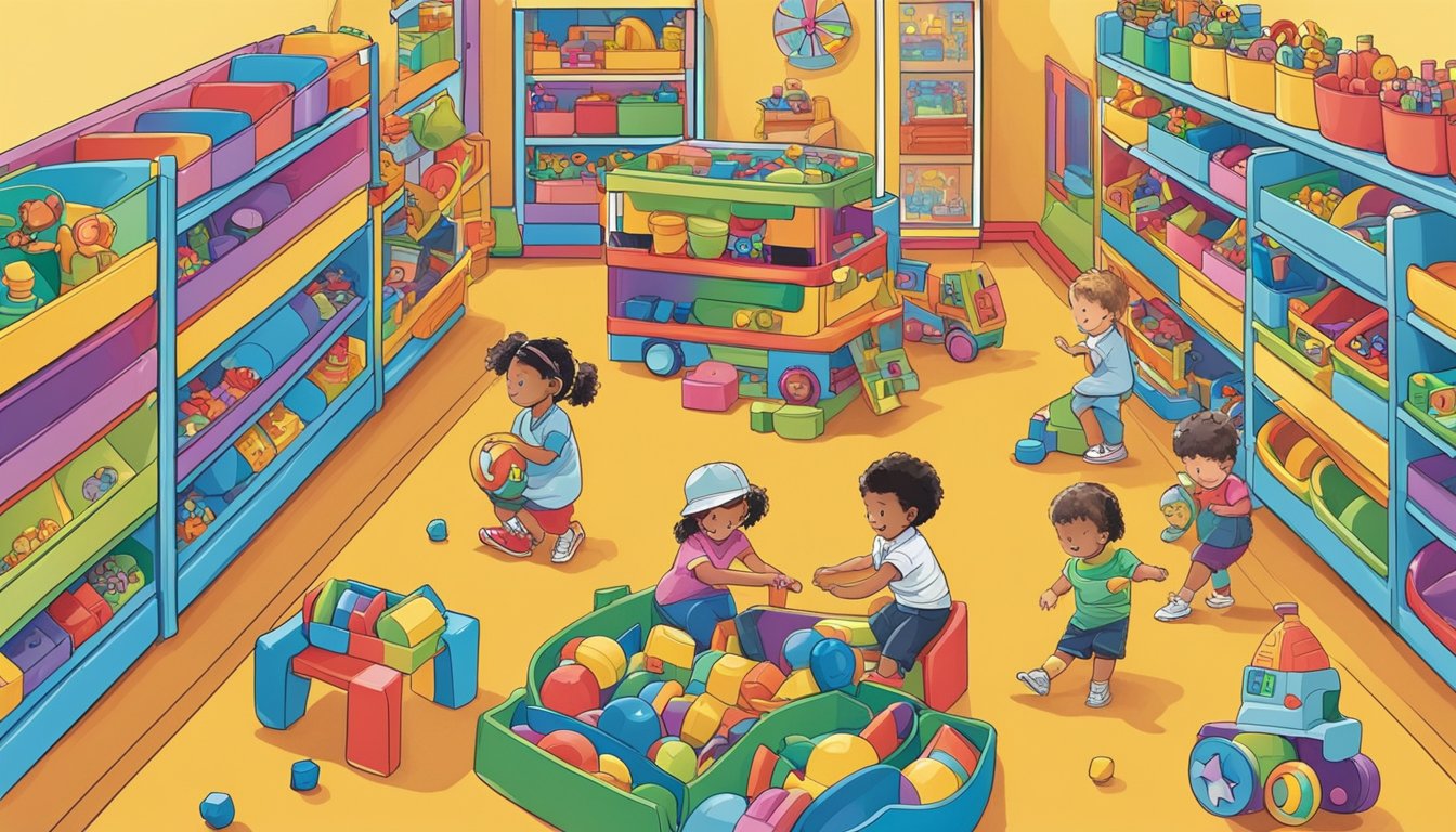 Colorful toy shelves line the walls, filled with imaginative playthings. A group of children laugh and play with the toys, showcasing the fun and creativity that the brand embodies