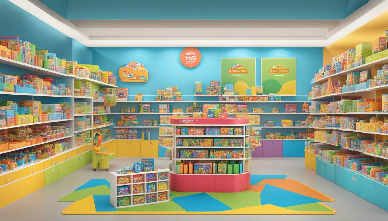 High-quality toy brands displayed with "Frequently Asked Questions" signage. Bright, clean, and organized setting with various toy products showcased