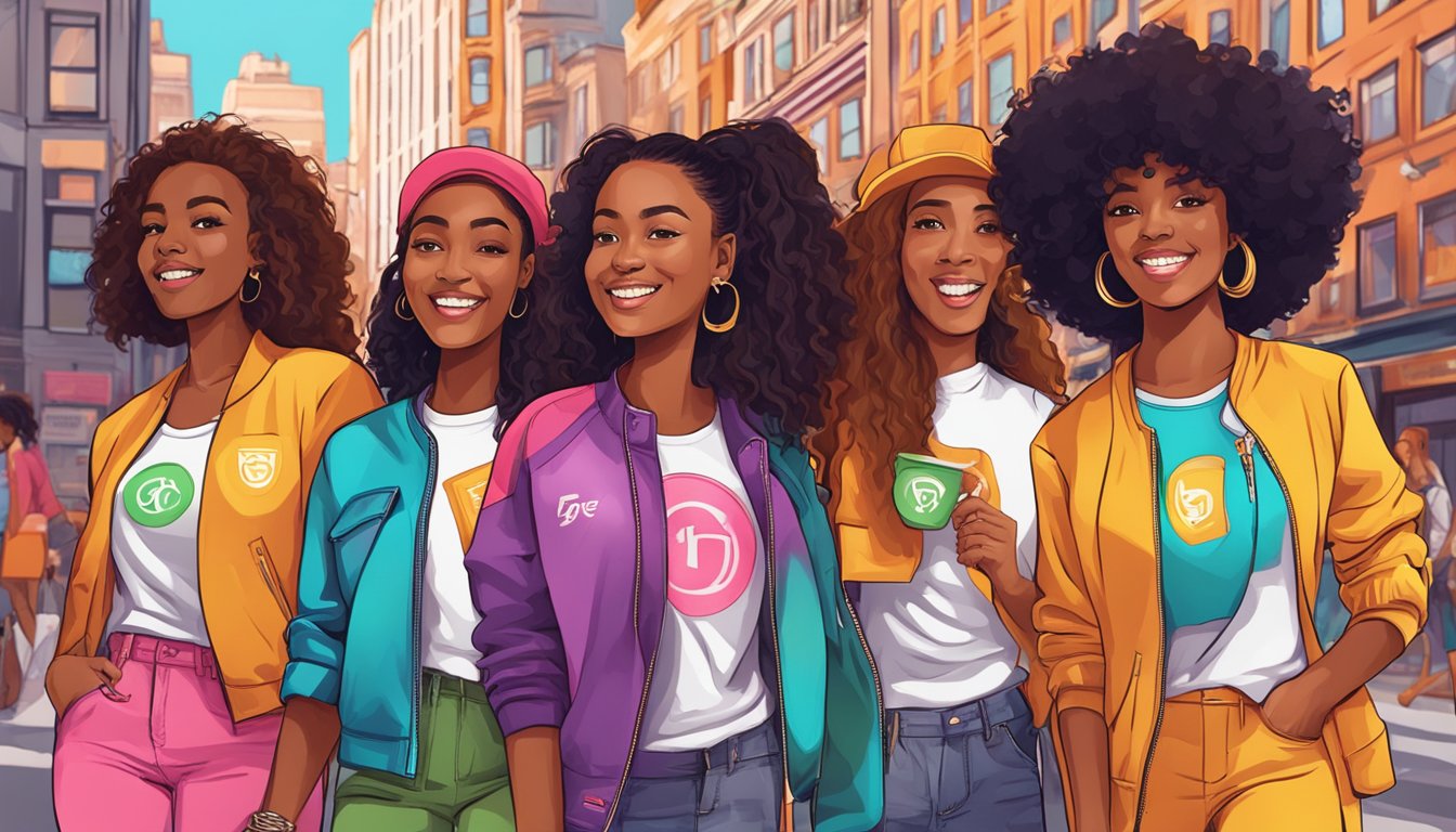 A group of diverse girls proudly display their brand logos on clothing and accessories in a vibrant urban setting
