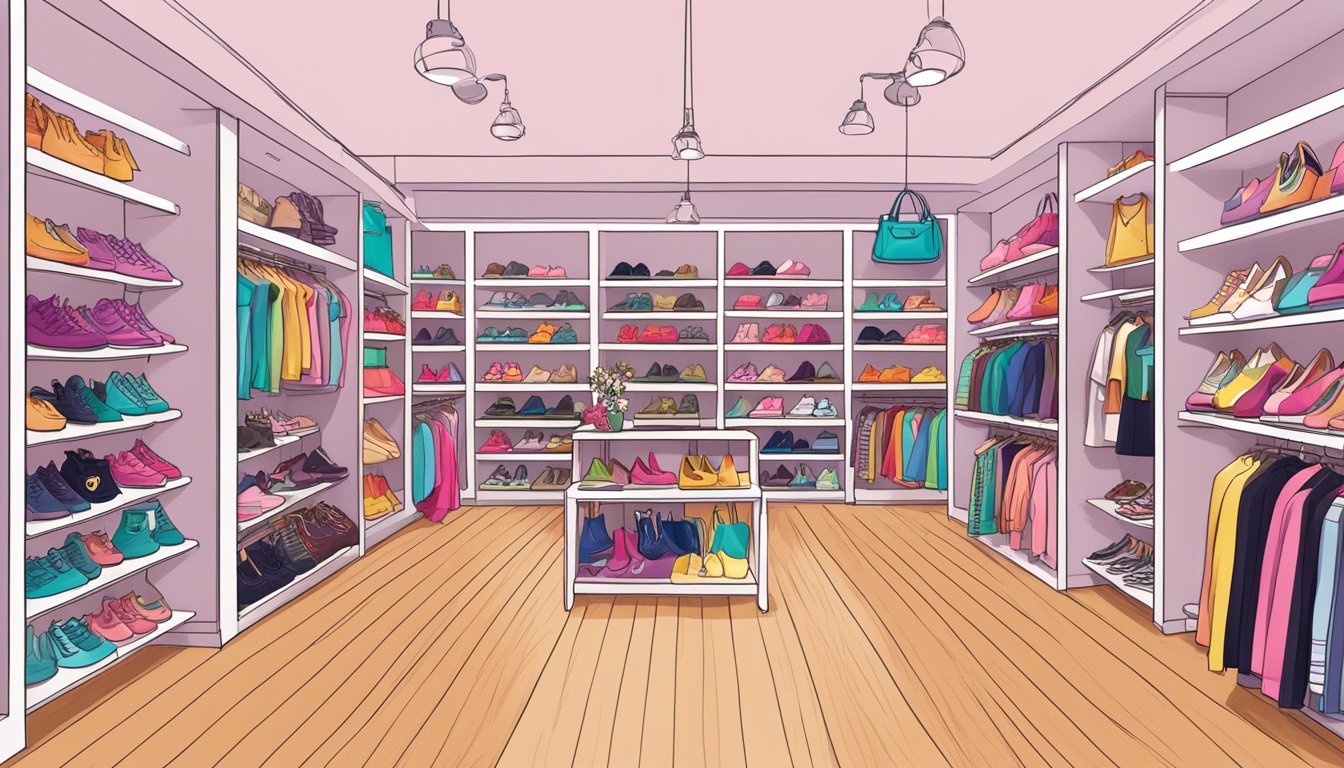 A colorful array of girls' fashion brands displayed on shelves with bold logos and trendy designs