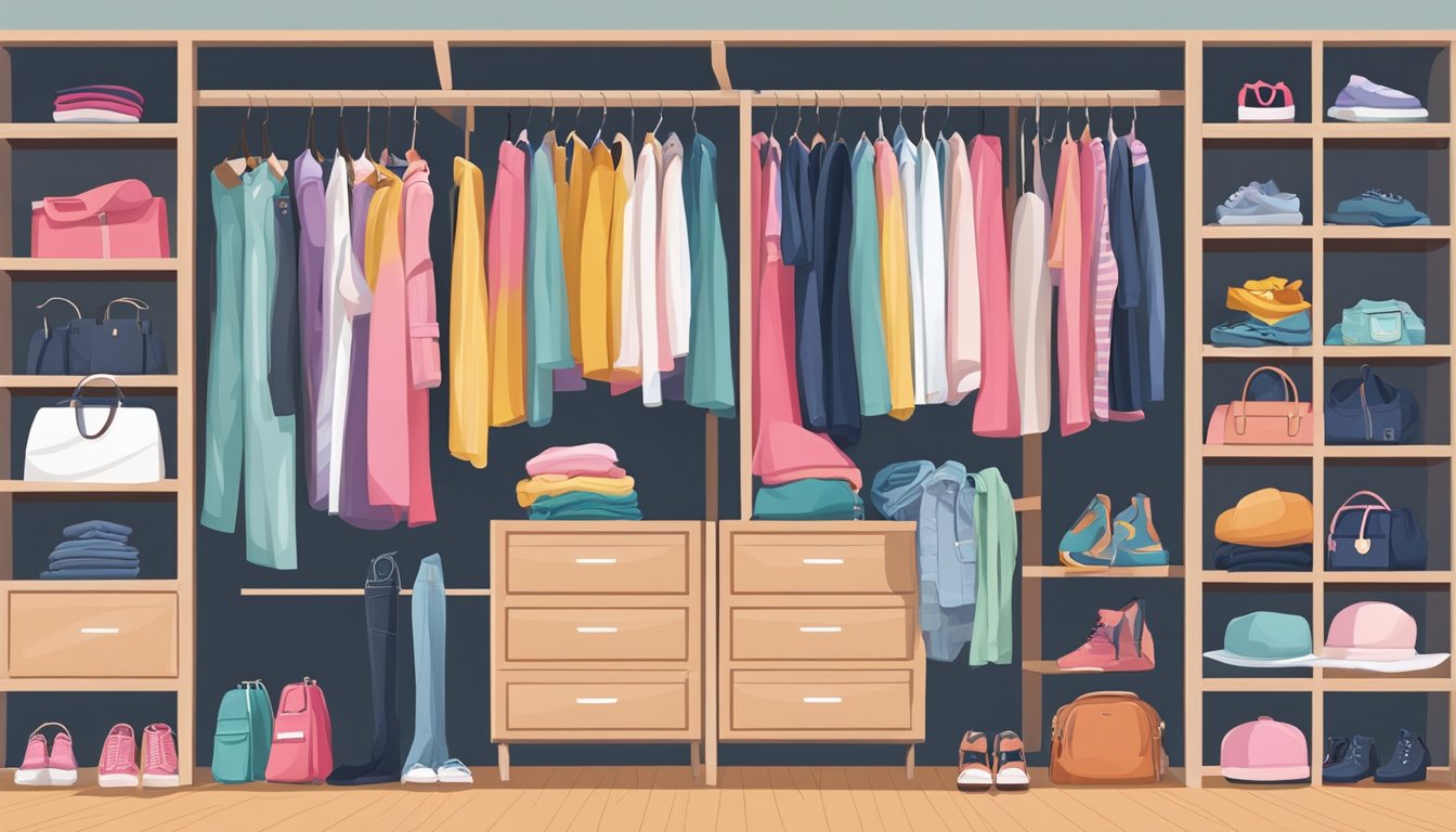 A closet filled with essential clothing items from popular girls' brands, including dresses, jeans, t-shirts, and jackets, neatly organized on hangers and shelves