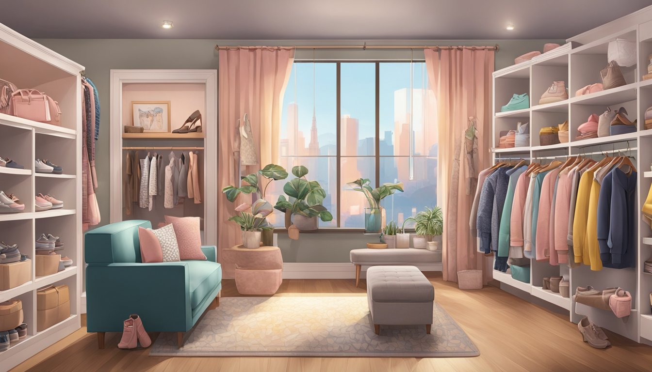 The scene features a cozy and stylish display of girls' clothing and accessories from top comfort and quality brands. The items are neatly arranged on shelves or hangers, with soft lighting highlighting their appeal