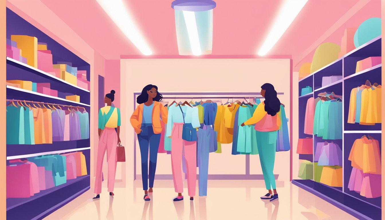 Girls browse colorful racks, trying on trendy clothes in a bright, spacious store. Mannequins display stylish outfits, and shelves are stocked with accessories from popular brands