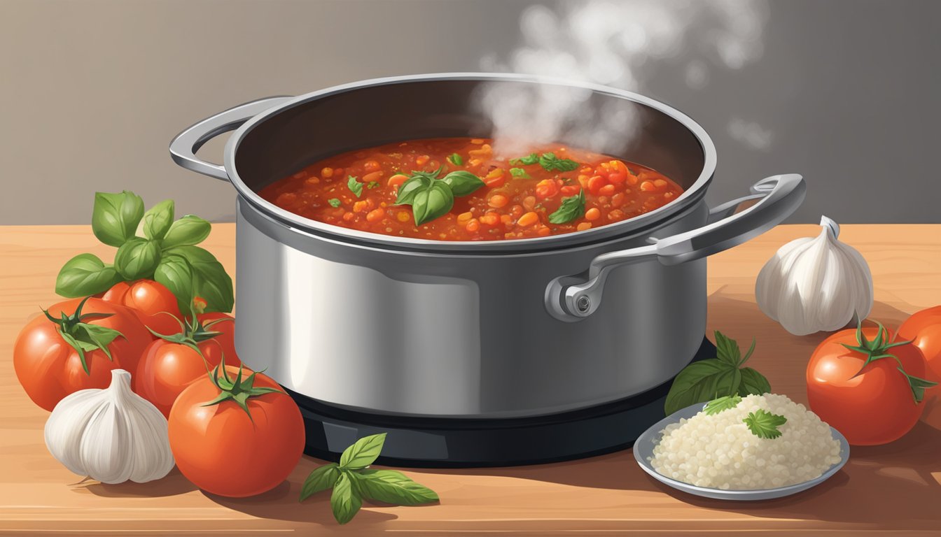 A steaming pot of Ragu sauce simmers on a stovetop, surrounded by fresh tomatoes, garlic, and herbs. A wooden spoon stirs the rich, savory mixture as it bubbles and thickens