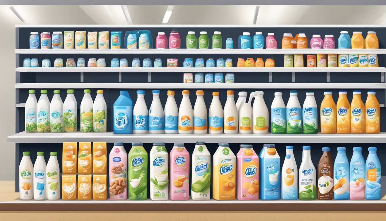 Various a1 milk brands displayed on shelves in a grocery store
