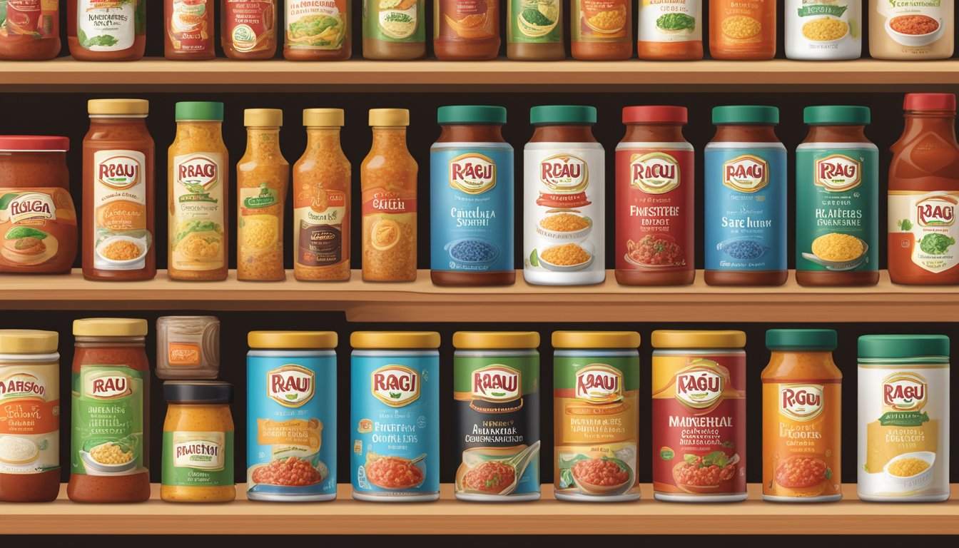 A variety of Ragu brand products arranged neatly on a shelf, including pasta sauces, marinades, and condiments