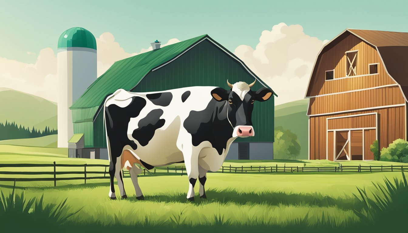 A cow standing in a green pasture, with a barn in the background, surrounded by a1 milk branding and packaging